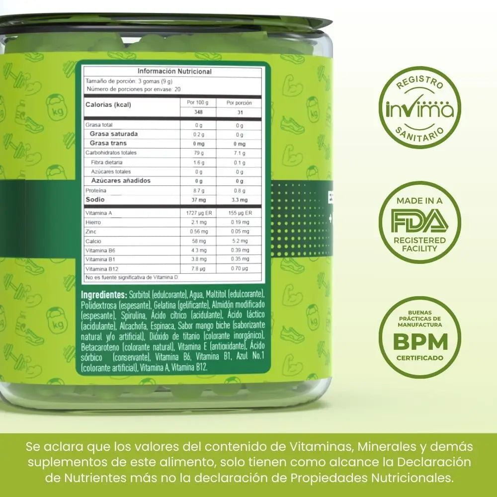Espirulina, alcachofa, espinaca y vitaminas en gomitas 💚